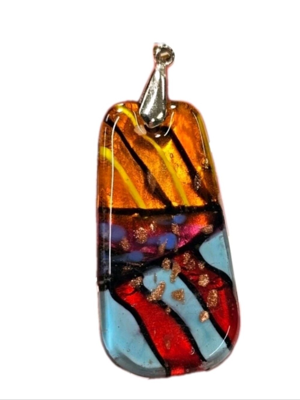 Fused Glass Pendant, 18K White Gold Plated Bail, Colorful Abstract Design, 3"